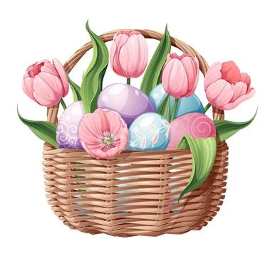 Basket with Easter eggs and tulips on an isolated background. Vector illust.. Stock Illustration