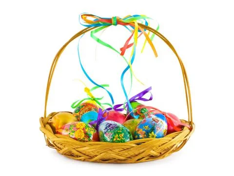 Basket with Easter eggs Basket with Easter eggs isolated on white backgrou... Stock Photos