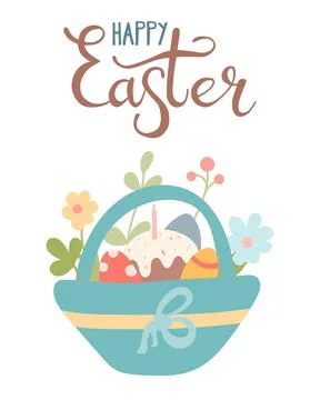 Basket with Easter eggs, cake and plants, flowers on a white background. Stock Illustration
