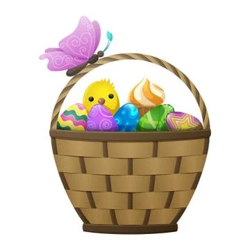 Basket with Easter Eggs, Chiken and Butterfly Stock Illustration