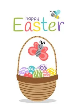 Basket with Easter eggs. Colorful Happy Easter greeting card. Flat, cartoon Stock Illustration
