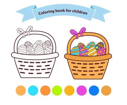 Basket easter eggs coloring book for children. Outlined doodle. 스톡 일러스트