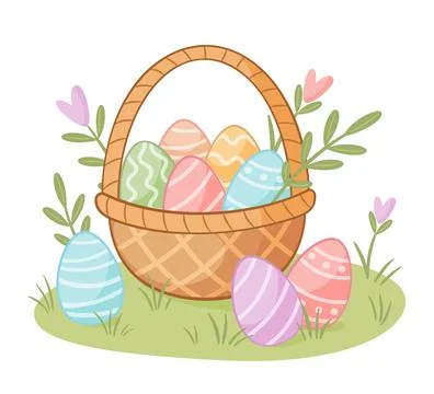 Basket with easter eggs doodle style. Happy easter Hand drawn flat style Stock Illustration
