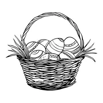 Basket with Easter eggs drawn in line style. Vector illustration. Easter Stock Illustration