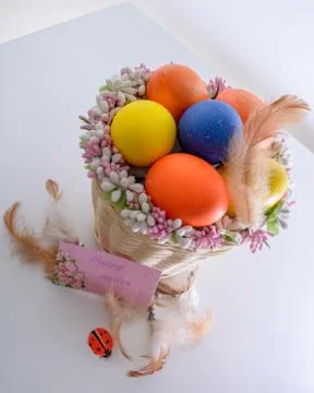 Basket with easter eggs, feathers, ladybug and card with wishes Stock Photos