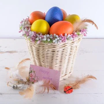 Basket with easter eggs, feathers, ladybug and card with wishes Stock Photos