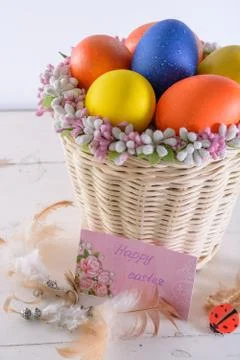 Basket with easter eggs, feathers, ladybug and card with wishes Stock Photos