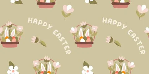 Basket with Easter eggs in flat style. Seamless pattern with Celebration Elem Stock Illustration
