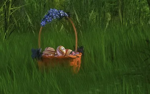 Basket of easter eggs on green grass at sunny day. Illustrazione stock