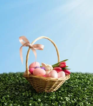 Basket with Easter eggs on the green grass. Easter composition with eggs  Stock Photos
