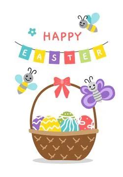 Basket with Easter eggs. Happy Easter greeting card. Bee, butterfly. Flat Stock Illustration
