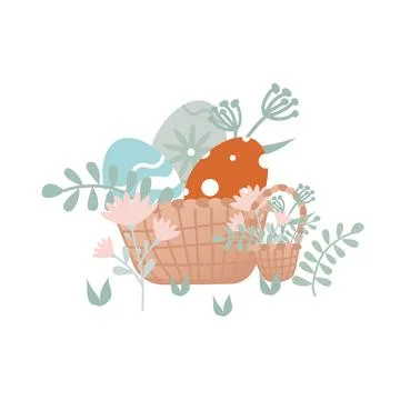 Basket with Easter eggs. Illustration in retro style. Hand drawn. Stock Illustration
