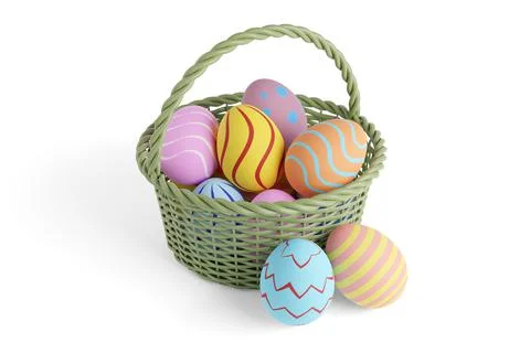 Basket with easter eggs isolated on white background. 3d illustration. Stock Illustration