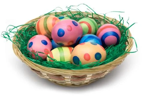 Basket with Easter Eggs Isolated on a White Background 스톡 사진
