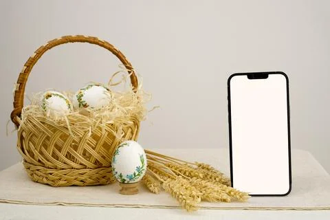 Basket with easter eggs lavender background postcard baner calendar empty space Stock Photos