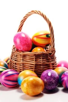 Basket of Easter eggs on table. easter decoration Stock Photos