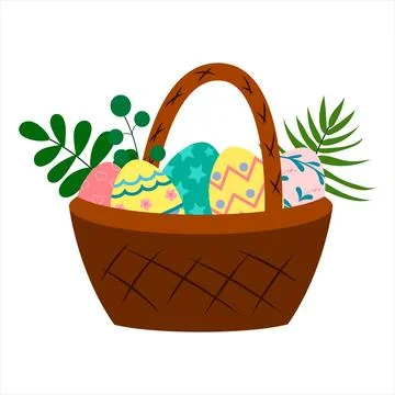 Basket with Easter eggs. Vector drawing of multicolored eggs with drawings .. Stock Illustration