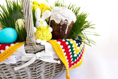 Basket with Easter Food. Spring Concept. Religion. Stock Photos