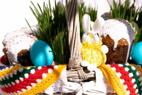 Basket with Easter Food. Spring Concept. Religion. Stock Photos