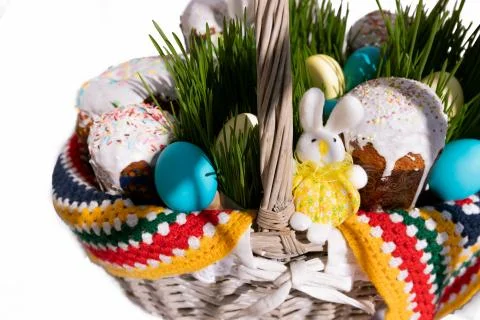 Basket with Easter Food. Spring Concept. Religion. Stock Photos