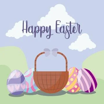 Basket with eggs of easter in landscape Illustrazione stock