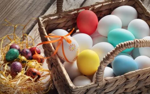 Basket with eggs for Easter Stock Photos