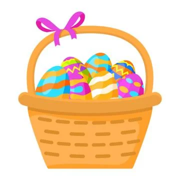 Basket with eggs for Easter.Festive illustration flat vector. Stock Illustration