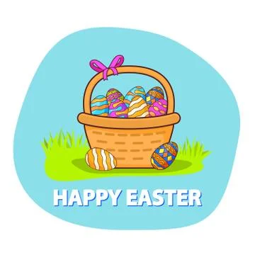 Basket with eggs for Easter.Festive illustration flat line art vector. Stock Illustration