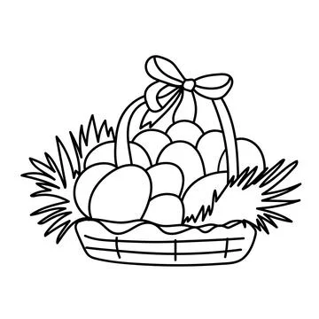 Basket with eggs line drawing. Doodle vector illustration. Stock Illustration