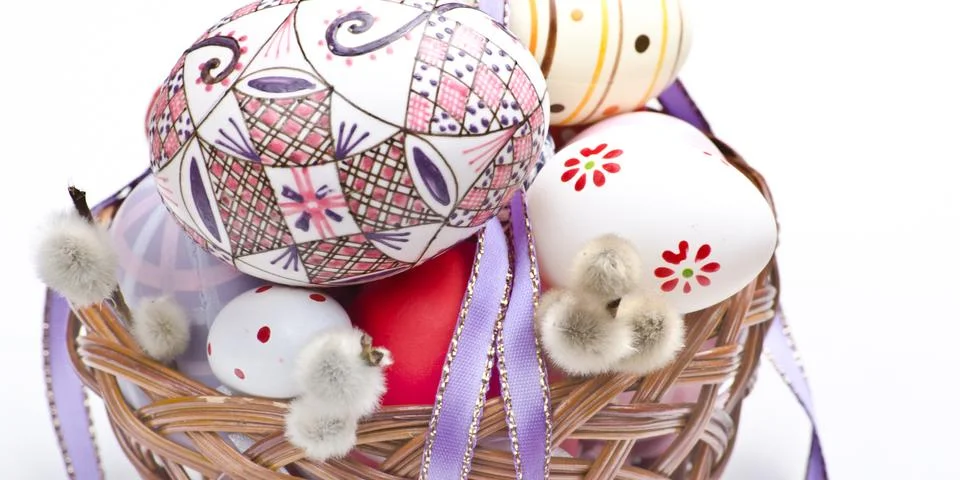 Basket with eggs Stock Photos