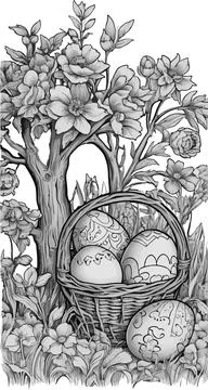 A basket of eggs is sitting on a tree branch in a field Stock Illustration