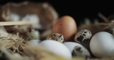 A basket of eggs with some quail eggs in it Stock Footage 317316968