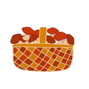 A basket filled with assorted red and brown mushrooms on a plain background Stock Illustration