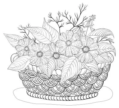 Basket with flowers, contours Stock Illustration