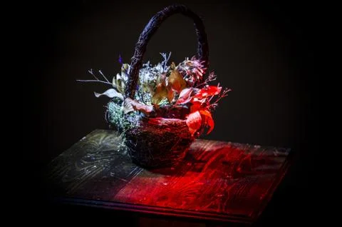 Basket with flowers. Dark background Stock Photos
