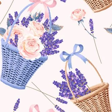 Basket with flowers seamless Stock Illustration