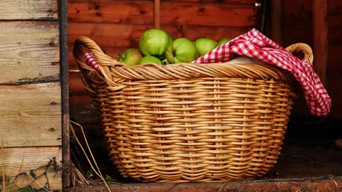 Basket of fresh baking apples in a rustic shed Stock Footage 167590347