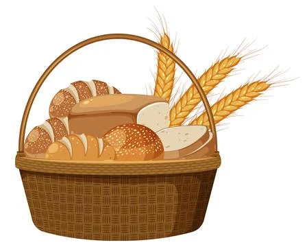 Basket of Fresh Bread and Wheat Ears Illustration 스톡 일러스트