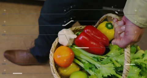 Basket of fresh vegetables with animated data processing overlay in kitchen Stock Footage 305192594