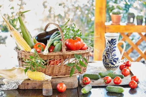 Basket With Fresh Vegetables 스톡 사진
