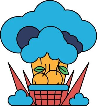A basket of fruit is shown in a field with a cloud in the background Stock Illustration