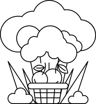 A basket of fruit is shown in a field with a cloud in the background Stock Illustration