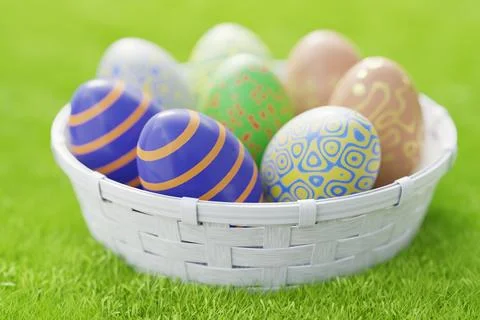 Basket full of Easter colorful eggs on green grass on a sunny day. 3D renderi Stock Illustration