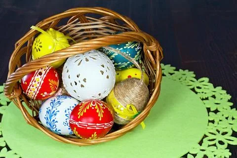 Basket full of Easter eggs for the Easter celebration happy. Stock Photos
