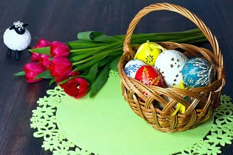 Basket full of Easter eggs for the Easter celebration happy. Stock Photos