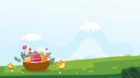 Basket full of easter eggs in green mountain landscape with little chick Stock Footage 327518632