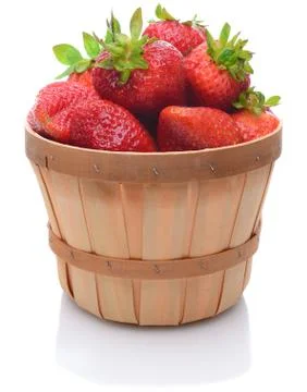 A basket full of freshly picked red ripe strawberries, over white. Stock Photos