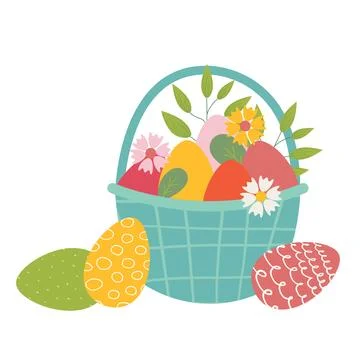 Basket full of painted Easter eggs isolated on white background. Trendy Eas.. Stock Illustration