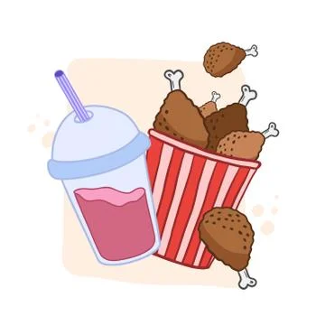 Basket grill and drink. Vector color illustration. Fast food combo. Grilled l Stock Illustration
