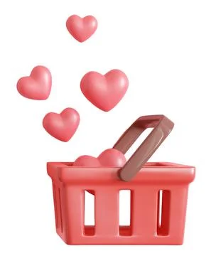 A basket holds hearts inside while more hearts float above it. This scene t.. Fotos Stock